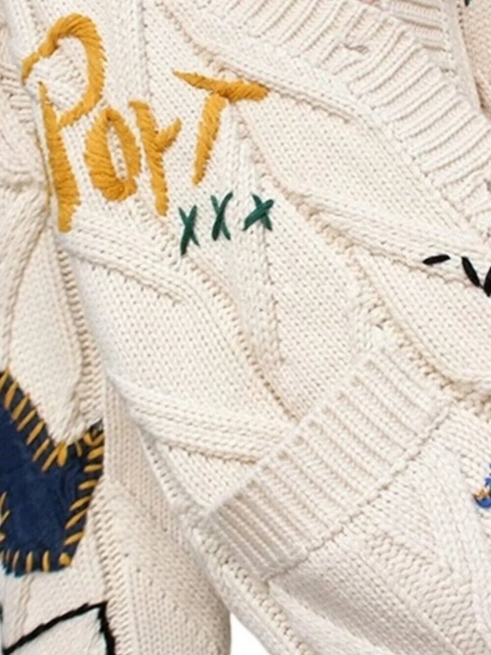 Patchwork Knit Embroidery College V-Neck Cardigan Button Up Sweater - Picture 3 of 6